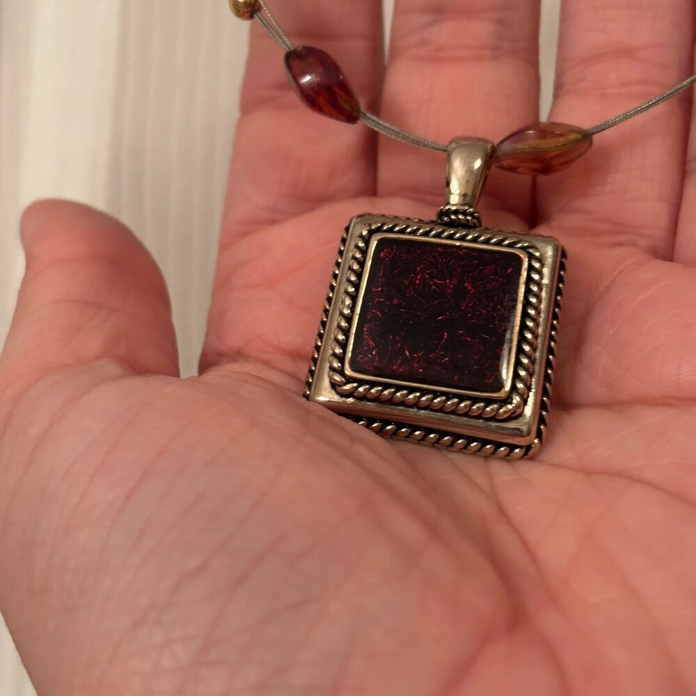 Vtg Silver & Deep Red Square Pendant Necklace